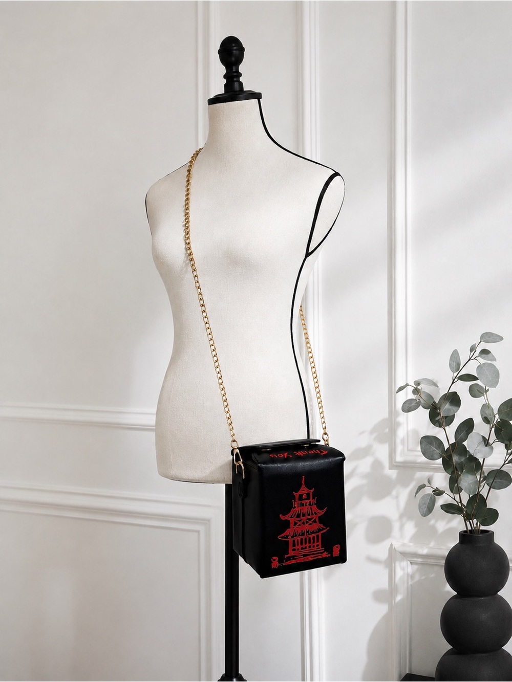Black Asian Pagoda Box Crossbody Bag Gold Chain Faux Leather Novelty Purse